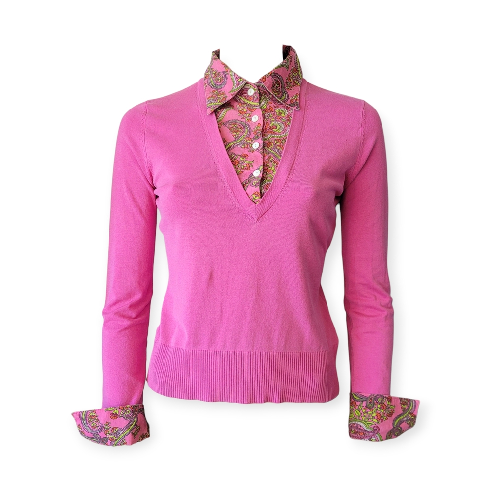 Vintage Pink V-Neck Sweater with Paisley Trim